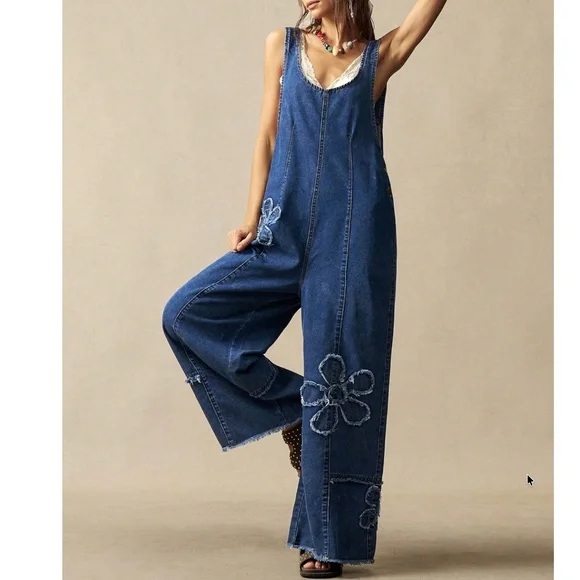 Boho Dark Wash Floral Patchwork Wide leg Denim Bib Overalls Jumpsuit - Picture 4 of 6